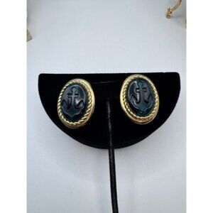 TRIFARI TM Blue Cabochon Earrings Elegant Oval Clip On Acrylic Anchor Design